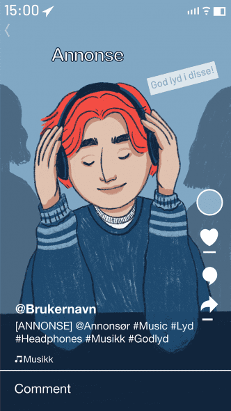 Illustrasjon av godt merket TikTok med reklame. Her er selve videoen merket med "annonse".