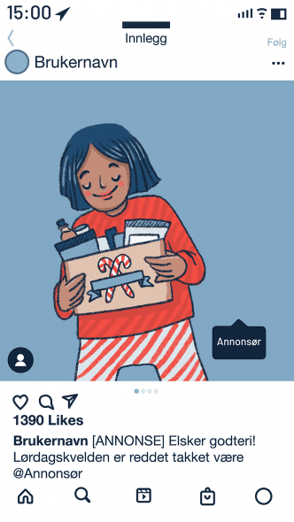 Illustrasjon som viser et godt merket instagraminlegg. Innlegget er reklame for godteri, og er merket med ordet "annonse" og navnet på annonsøren.